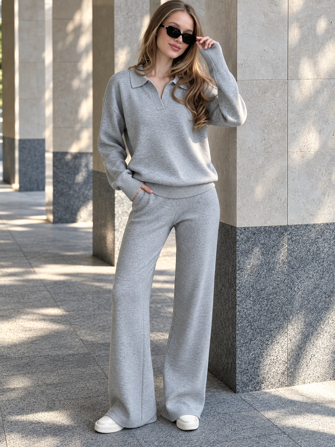 Ensemble En Maille Femme Col Polo Et Pantalon Assorti