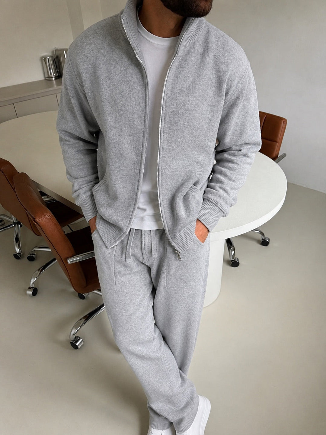 Ensemble En Maille Homme Col Montant Zippé Et Pantalon Droit