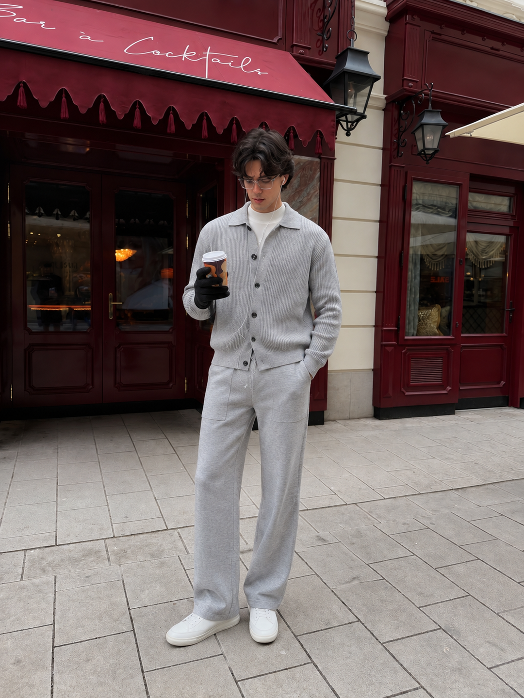 Ensemble Maille Homme Veste Boutonnée Col Côtelé Et Pantalon Droit