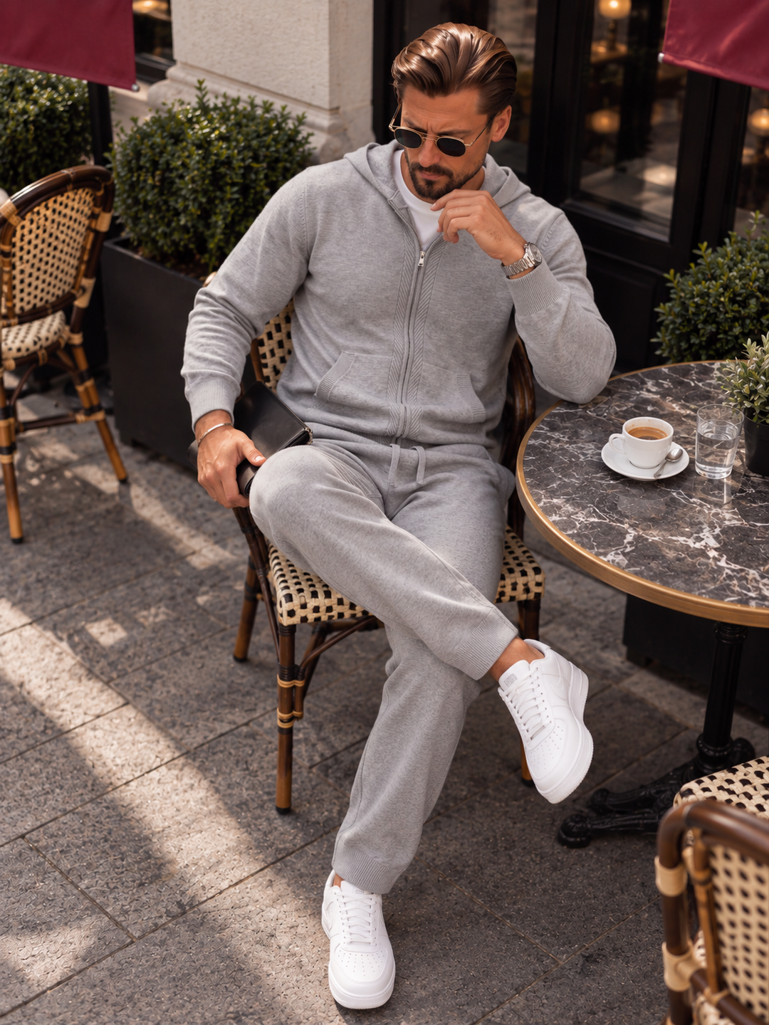 Ensemble Maille Homme Capuche Tricotée Zip Intégral Et Pantalon Droit