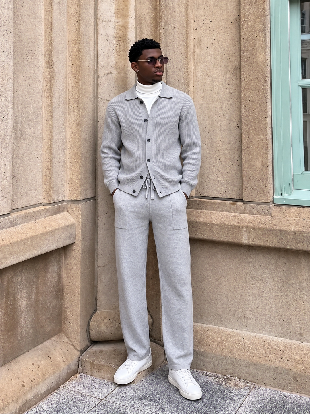 Ensemble Maille Homme Veste Boutonnée Col Côtelé Et Pantalon Droit