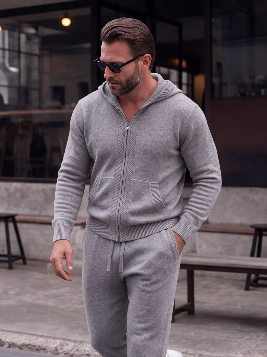 Ensemble Maille Homme Capuche Tricotée Zip Intégral Et Pantalon Droit