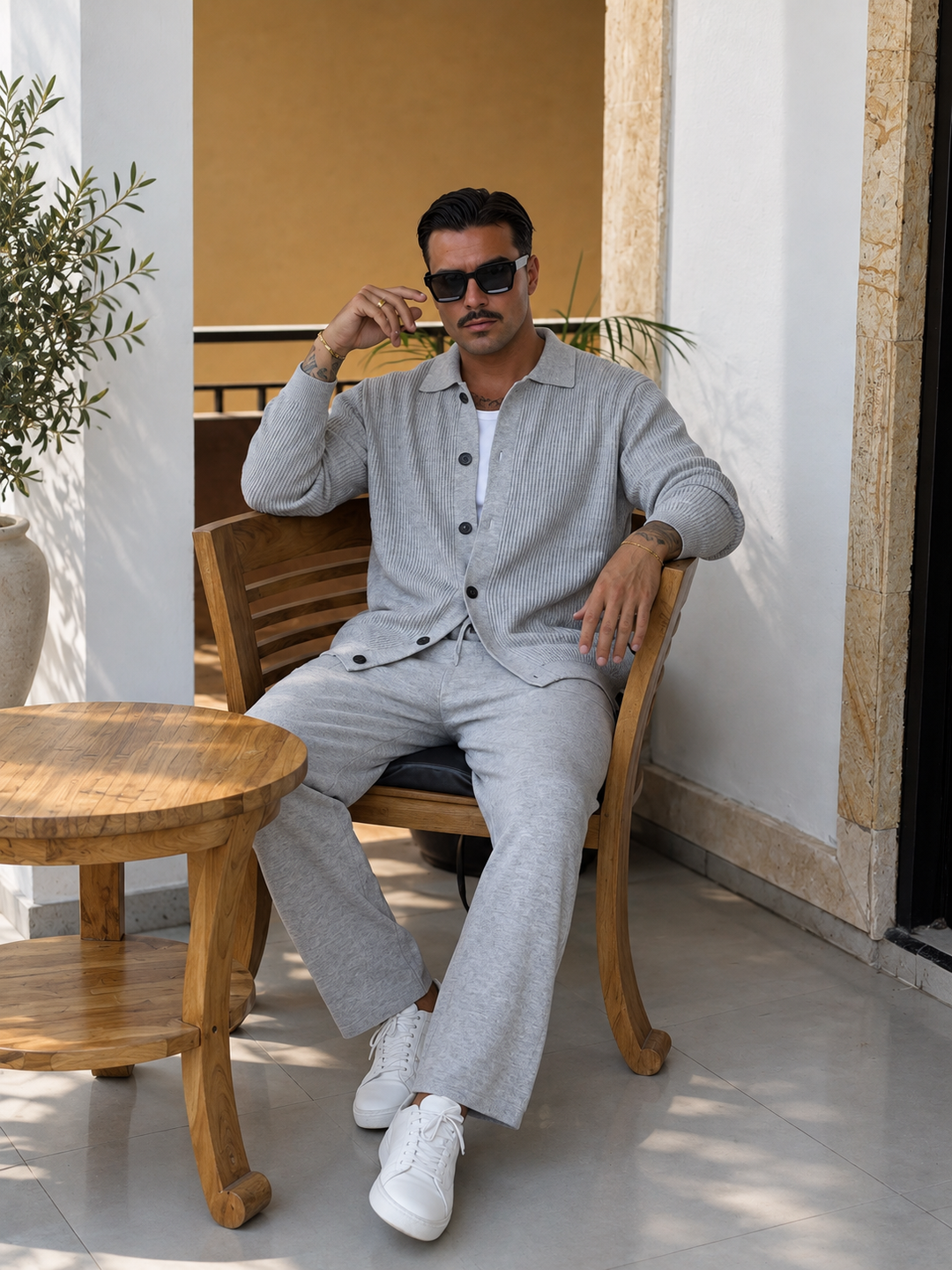 Ensemble Maille Homme Veste Boutonnée Col Côtelé Et Pantalon Droit