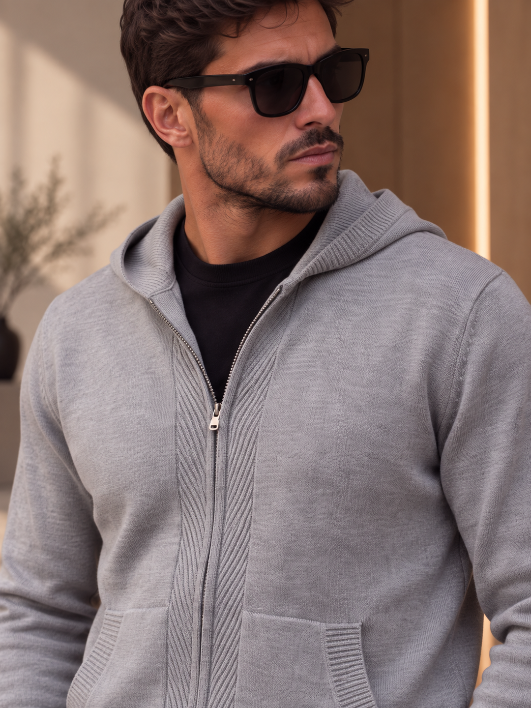 Ensemble Maille Homme Capuche Tricotée Zip Intégral Et Pantalon Droit