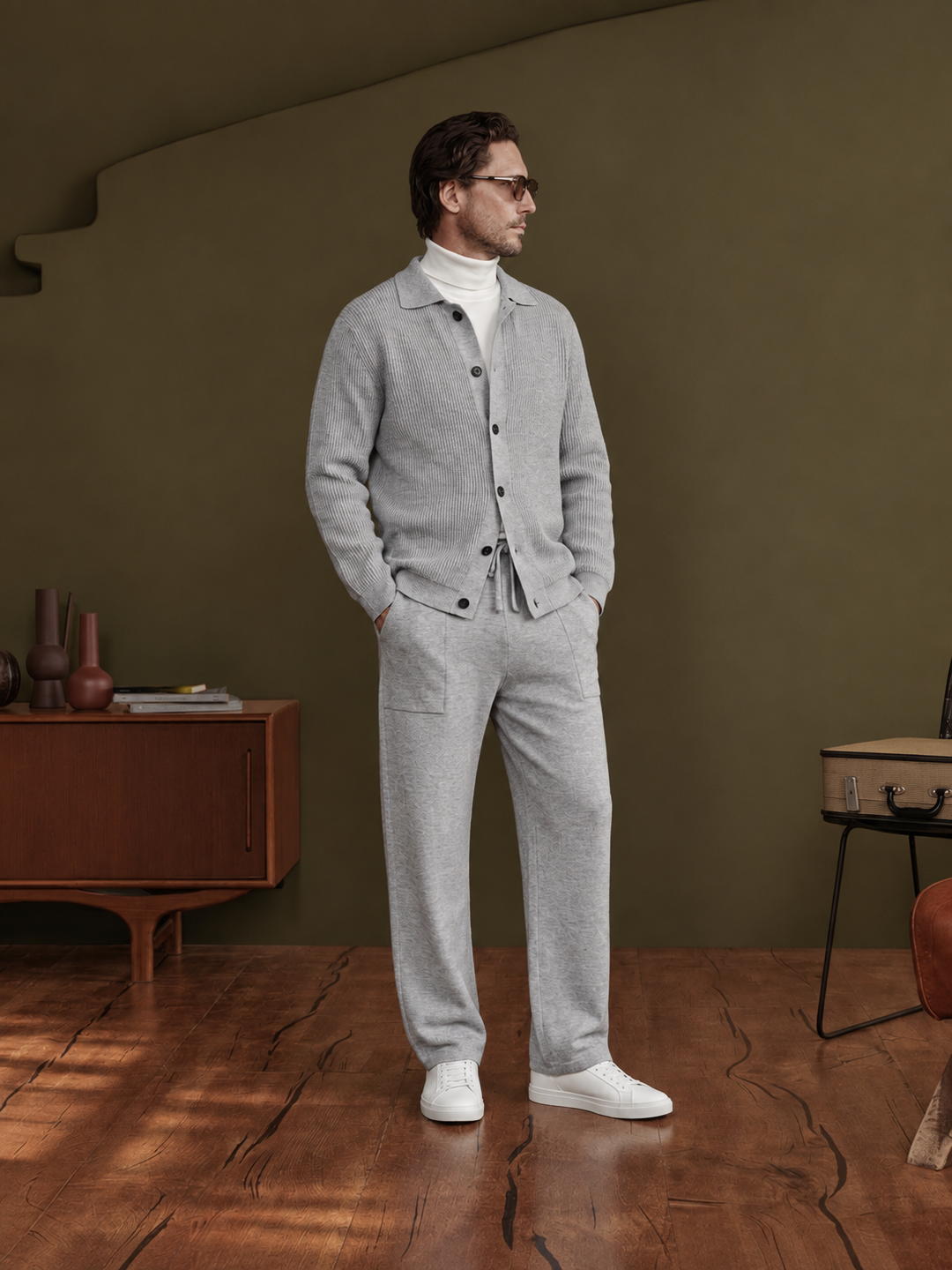 Ensemble Maille Homme Veste Boutonnée Col Côtelé Et Pantalon Droit