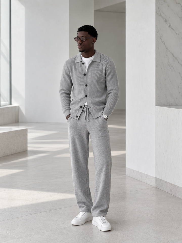 Ensemble Maille Homme Veste Boutonnée Col Côtelé Et Pantalon Droit
