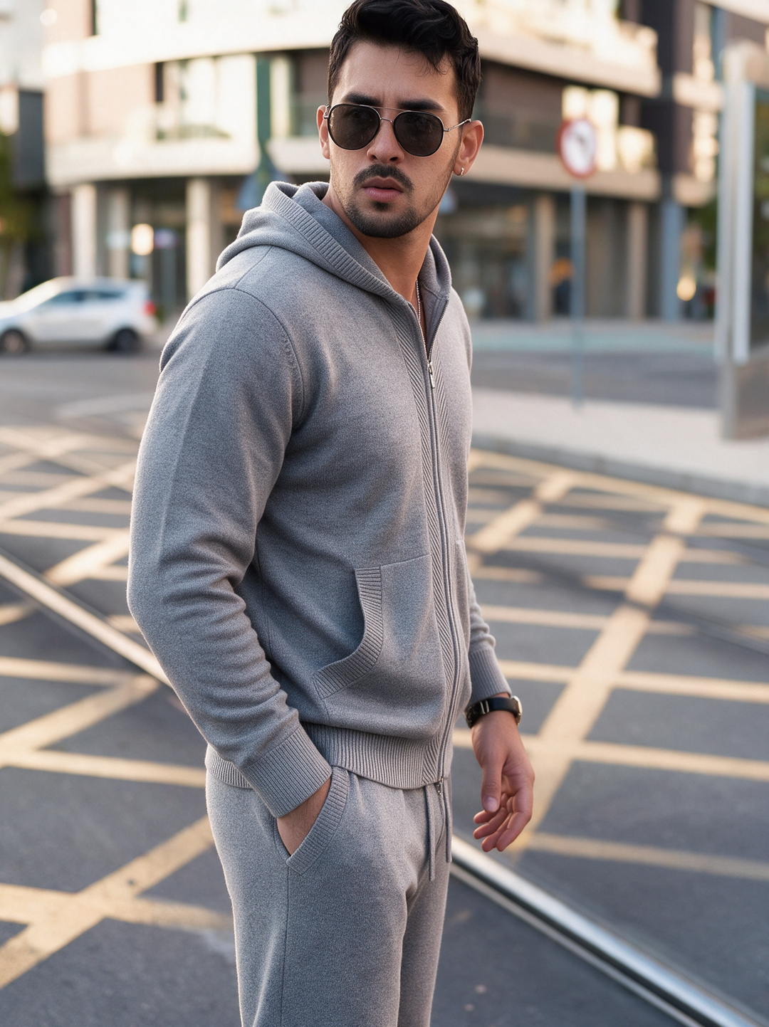 Ensemble Maille Homme Capuche Tricotée Zip Intégral Et Pantalon Droit