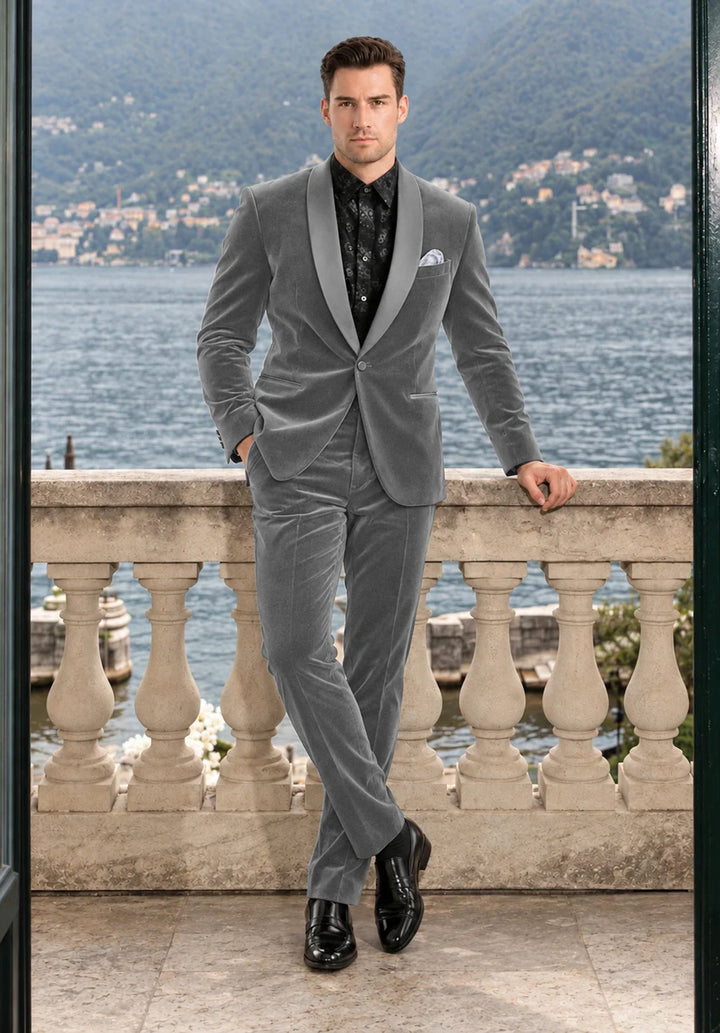 Costume Deux Pièces Homme Coupe Slim en Velours avec Col Châle en Satin et Un Bouton