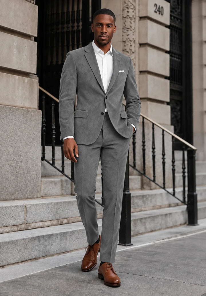 Completo da uomo in velluto slim fit a due pezzi con rever classico e giacca a due bottoni