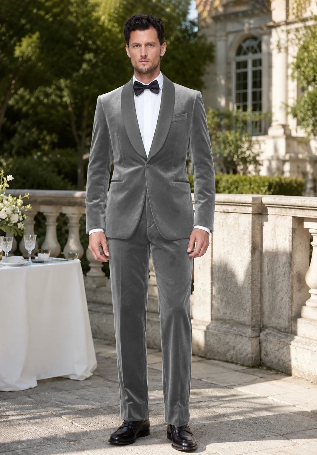 Slim fit-smoking i to dele til mænd i velour med spids revers