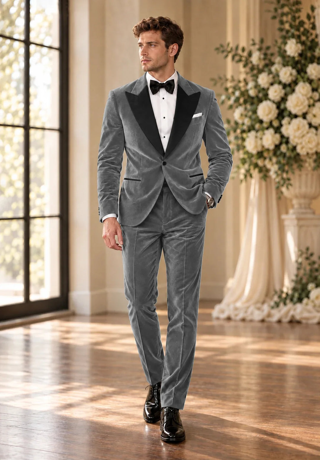 Costume Deux Pièces Homme Coupe Moderne en Velours avec Col Peak en Satin