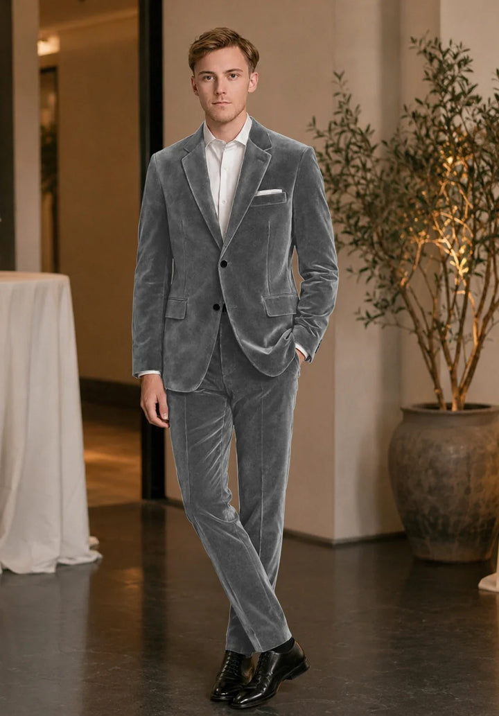 Men's Regular-Fit Two-Piece Velvet Suit with Notch Lapel and Patch Pockets