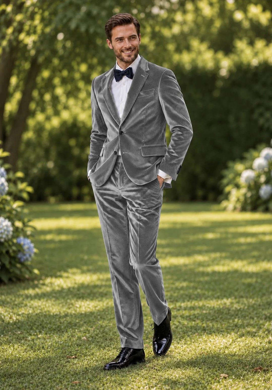 Costume Deux Pièces Homme Coupe Slim en Velours avec Poches à Rabat et Veste Un Bouton