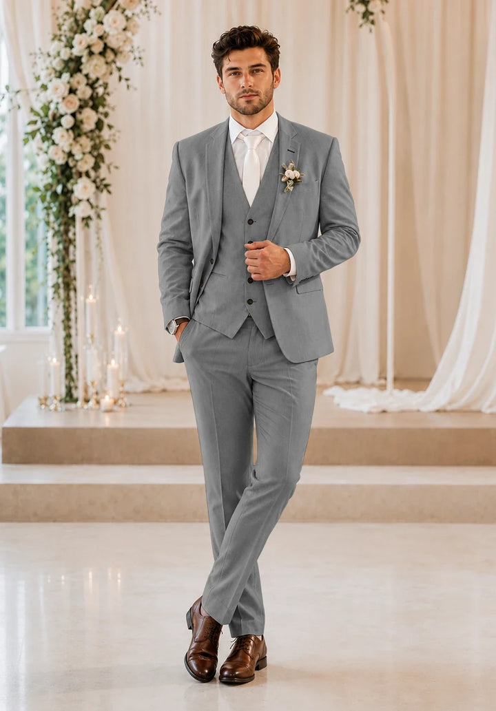 Men's Slim-Fit Three-Piece Suit in a Linen Blend with Notch Lapel and Five-Button Vest