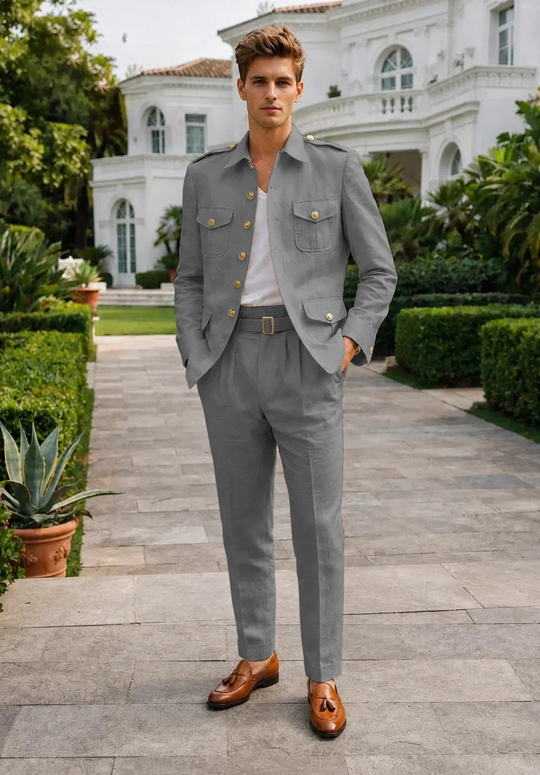 Costume Deux Pièces Homme Coupe Moderne en Mélange de Lin avec Veste Saharienne et Pantalon Plissé