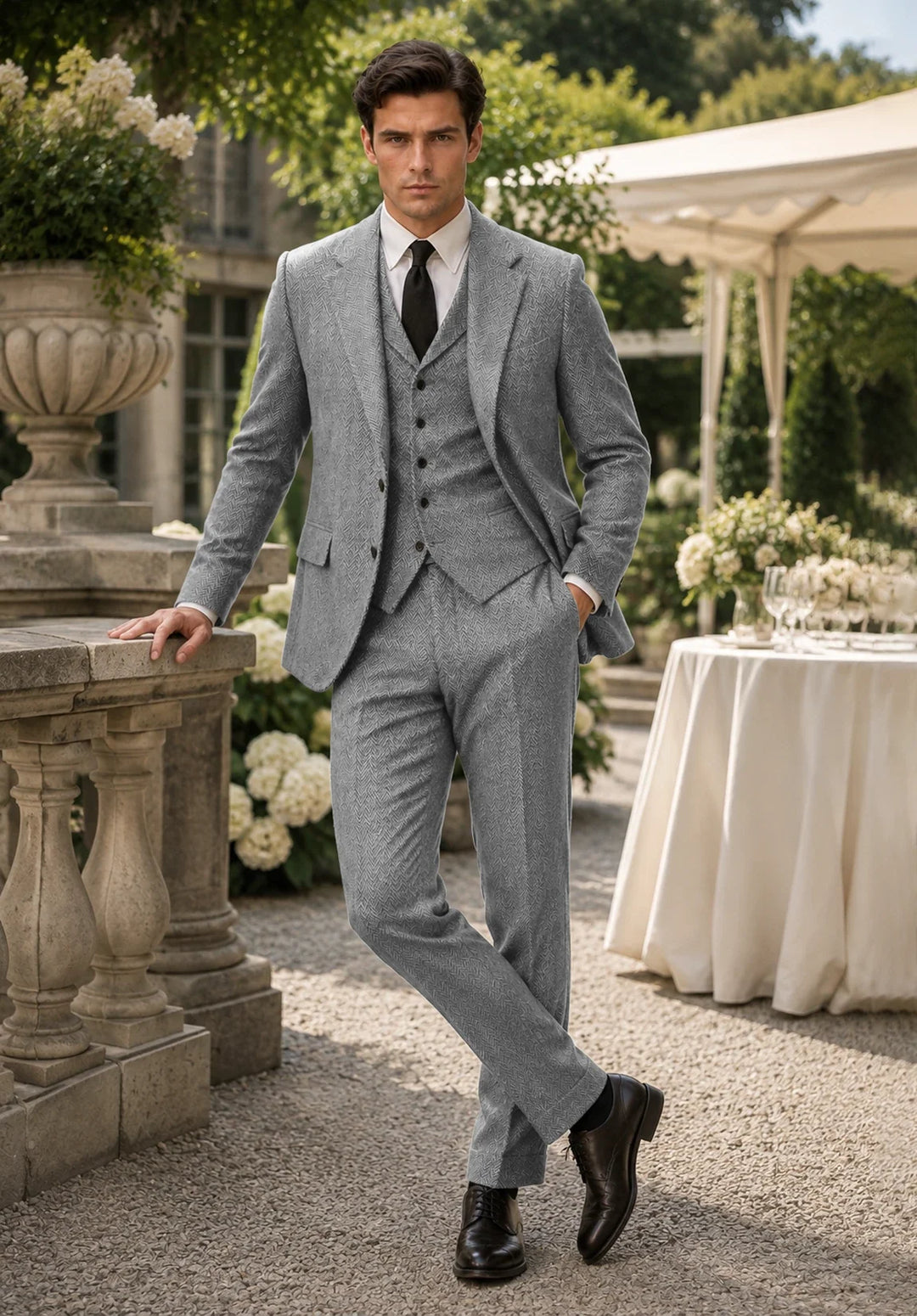 Costume Trois Pièces Homme Coupe Slim en Chevrons avec Col Notch et Gilet Assorti