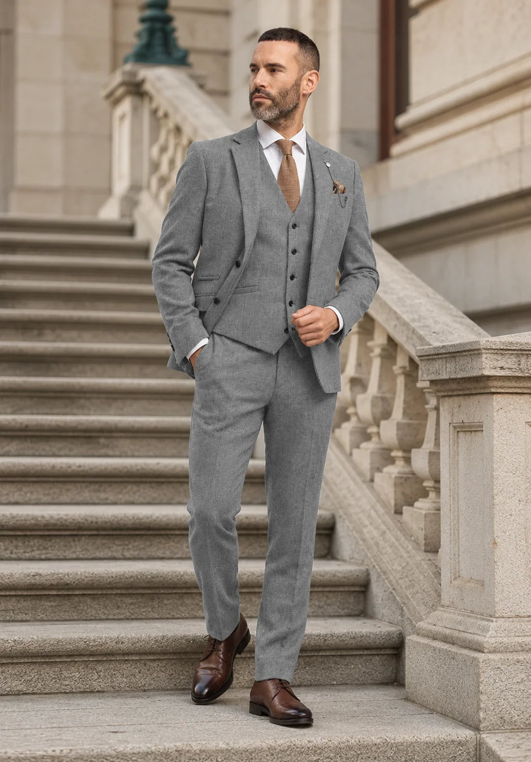 Costume Trois Pièces Homme Coupe Slim en Chevrons avec Gilet et Pantalon Assortis