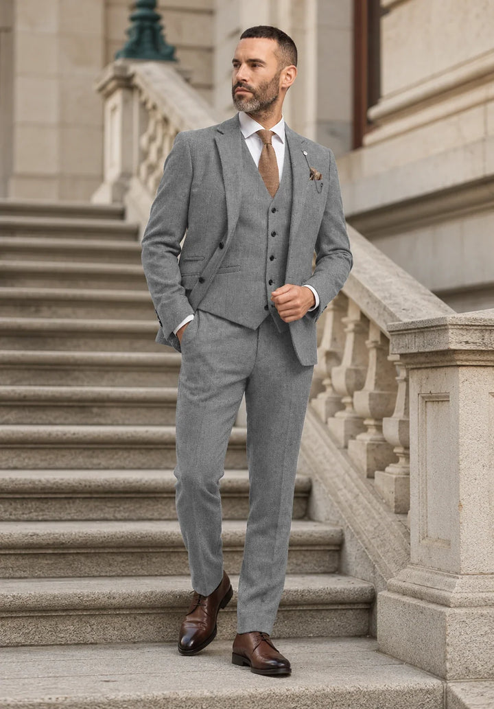Costume Trois Pièces Homme Coupe Slim en Chevrons avec Gilet et Pantalon Assortis