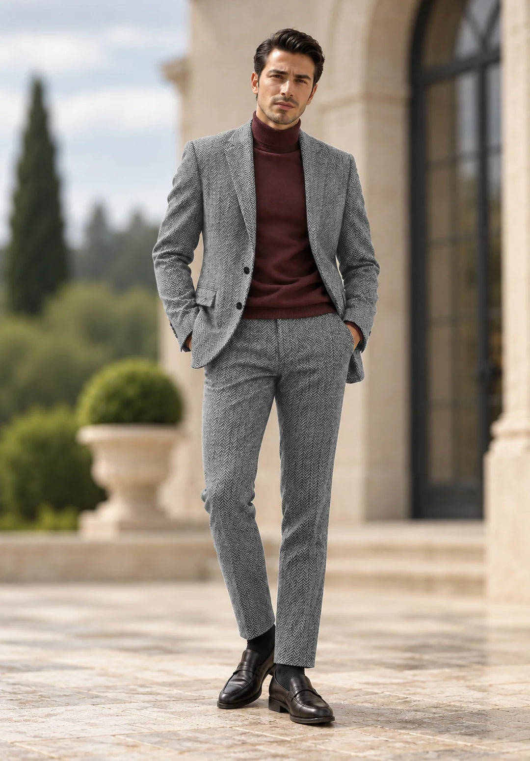 Costume Deux Pièces Homme Coupe Slim en Chevrons avec Col Notch et Poches à Rabat