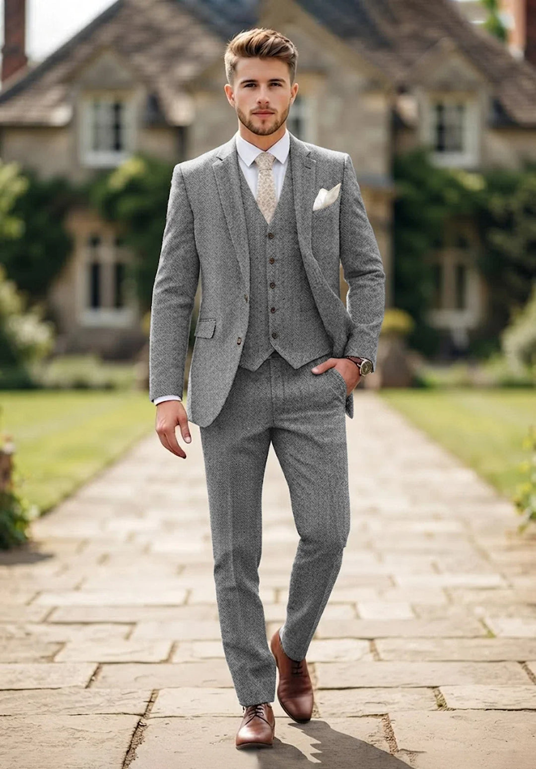 Costume Trois Pièces Homme Coupe Regular en Chevrons avec Col Notch et Poches à Rabat