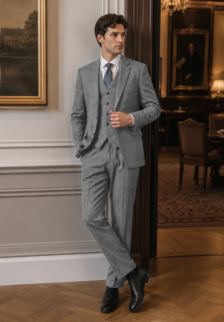 Costume Trois Pièces Homme Coupe Regular en Chevrons avec Col Notch Classique et Gilet Assorti