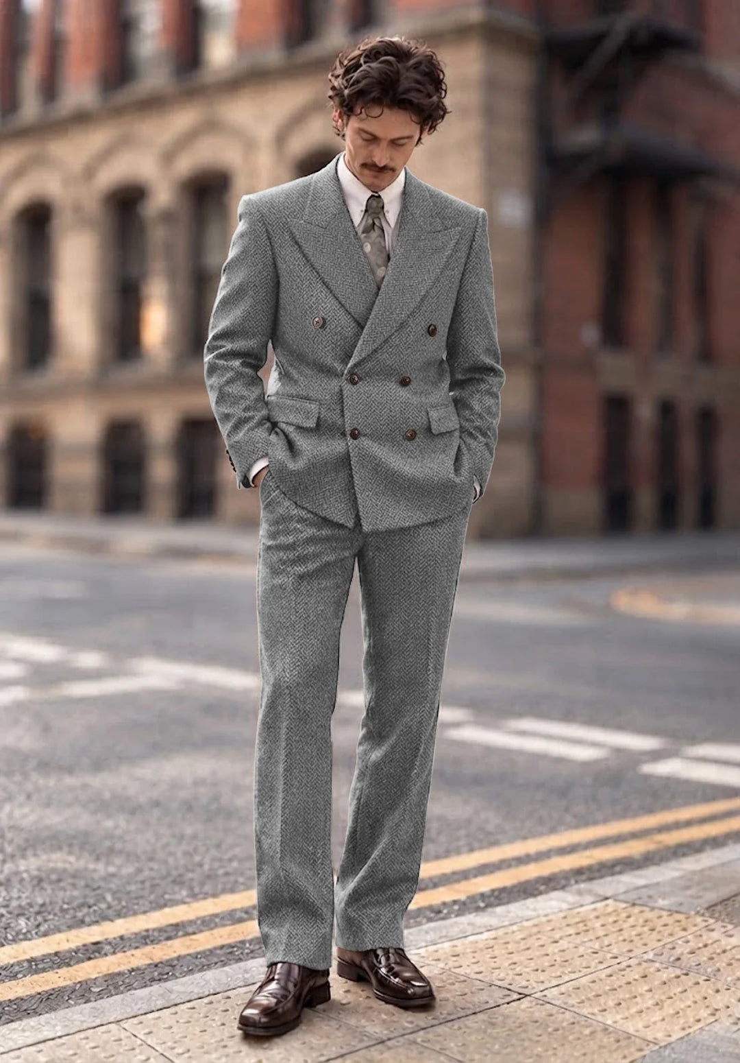 Costume Deux Pièces Homme Coupe Regular en Chevrons avec Veste Croisée et Col Peak