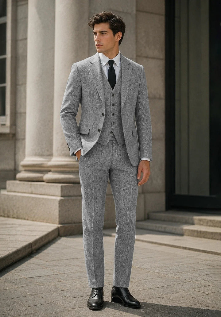 Costume Trois Pièces Homme Coupe Slim en Chevrons avec Col Notch et Gilet Cinq Boutons