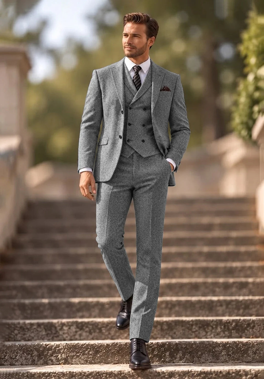 Herenkostuum in drie delen met slim fit in visgraatmotief, met double-breasted vest