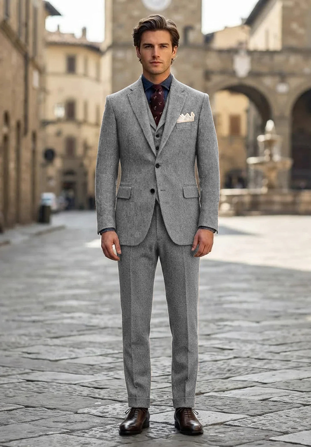 Costume Trois Pièces Homme Coupe Slim en Chevrons avec Col Notch et Poche Poitrine