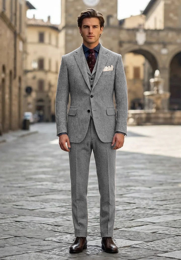 Costume Trois Pièces Homme Coupe Slim en Chevrons avec Col Notch et Poche Poitrine