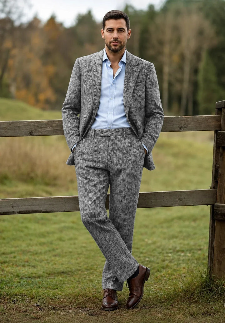 Herredragt i to dele med slim fit, sildebensmønster og enkeltradet jakke