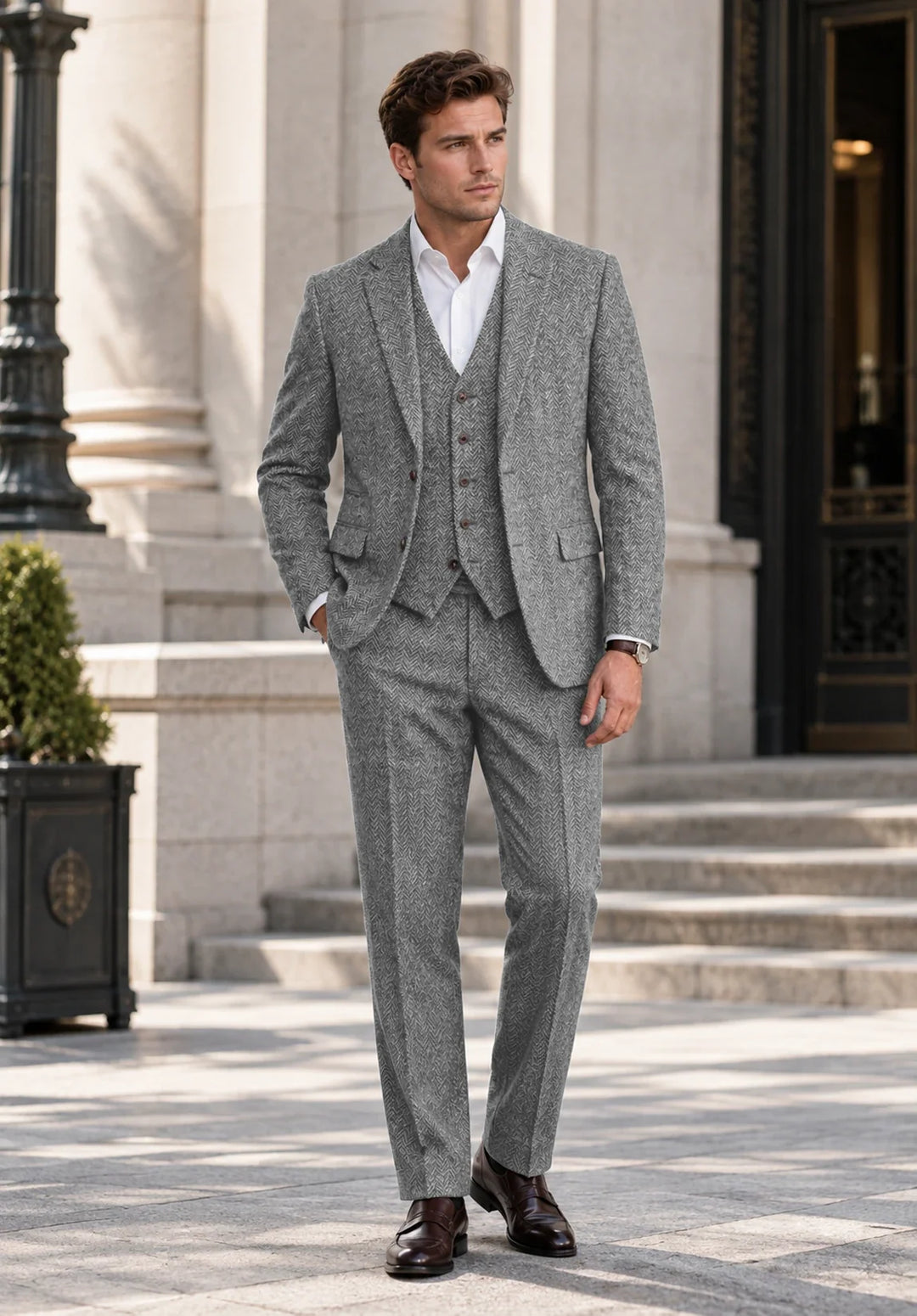 Completo uomo tre pezzi slim fit a spina di pesce con gilet abbottonato