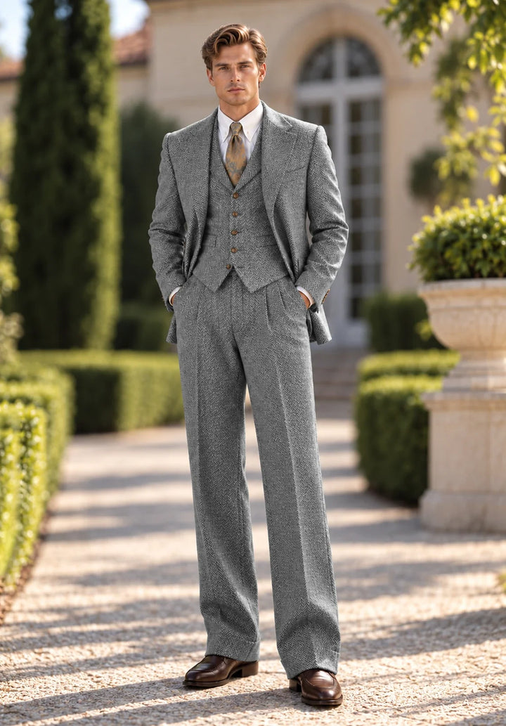 Costume Trois Pièces Homme Coupe Moderne en Chevrons avec Gilet Assorti