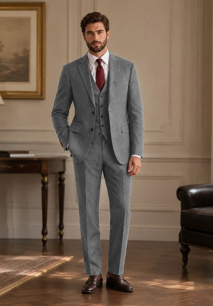 Men’s Regular-Fit Three-Piece Herringbone Suit with Buttoned Vest