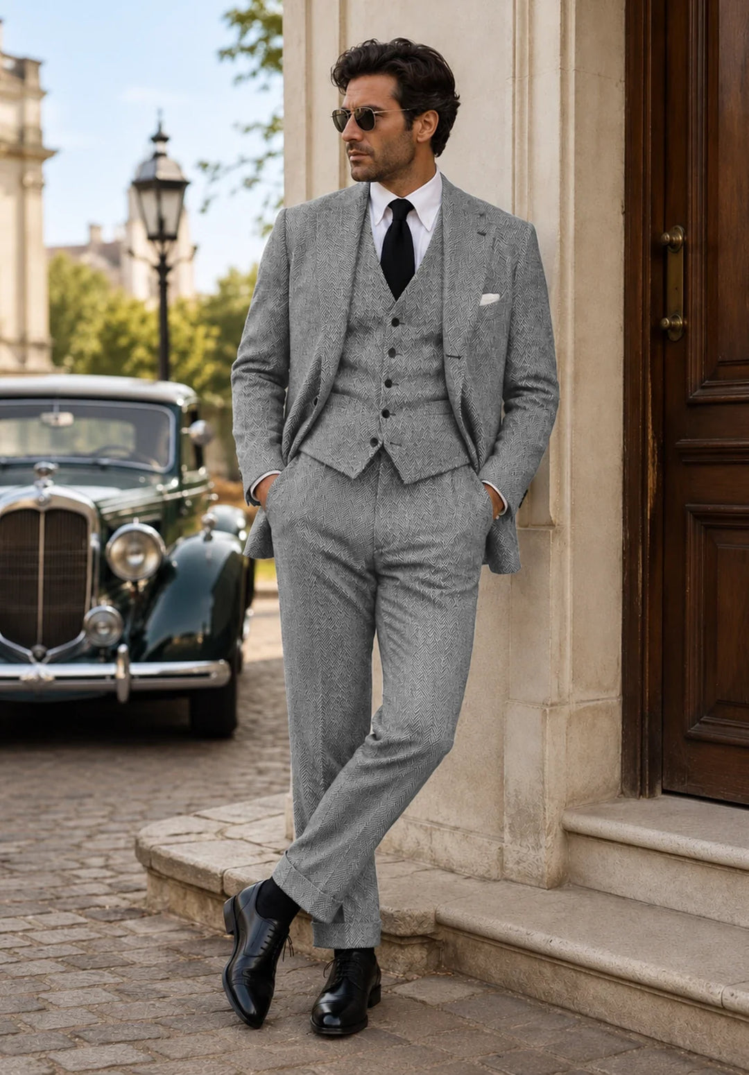 Costume Trois Pièces Homme Coupe Regular en Chevrons avec Gilet et Pantalon Assortis
