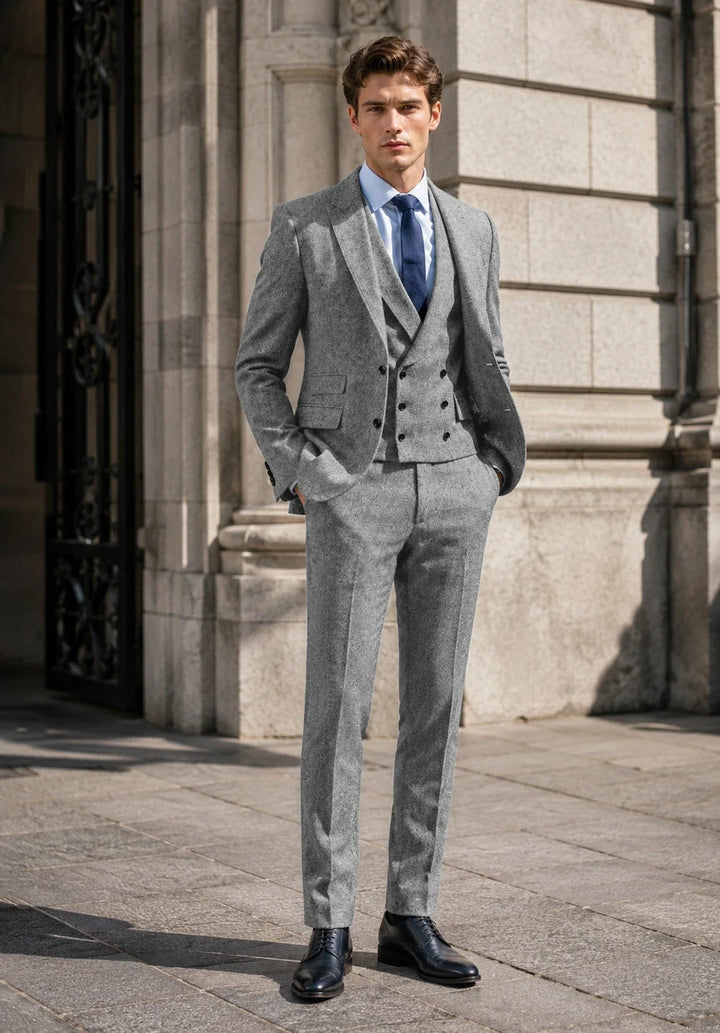 Abito da uomo a tre pezzi slim fit con motivo a spina di pesce, rever a lancia e gilet doppiopetto