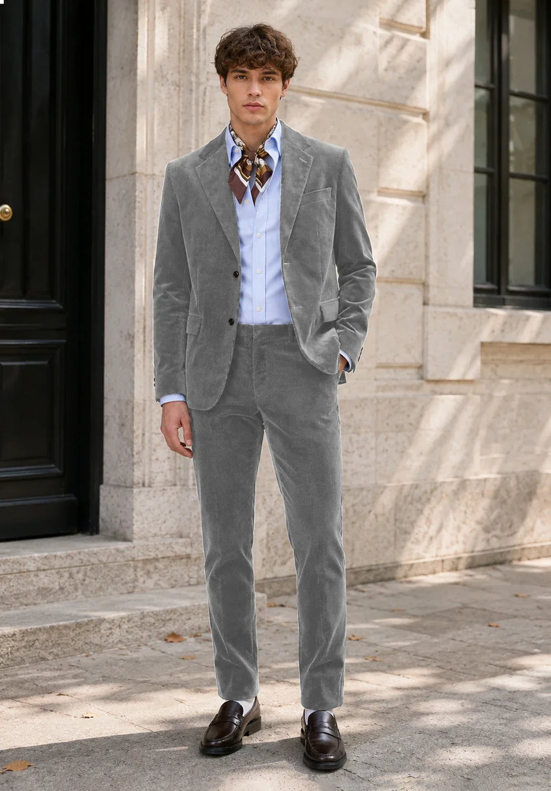 Slim fit-jakkesæt i to dele til mænd i fløjl med hakket revers og påsatte lommer
