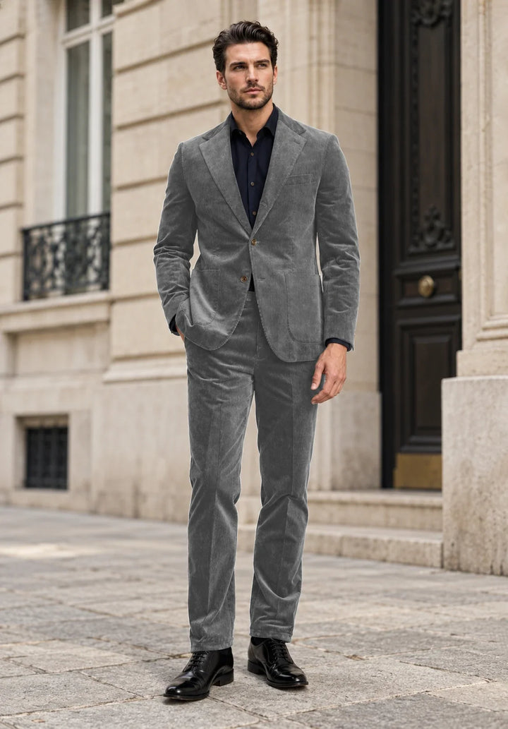 Abito da uomo a due pezzi slim fit in velluto a coste con revers a lancia e taschino sul petto