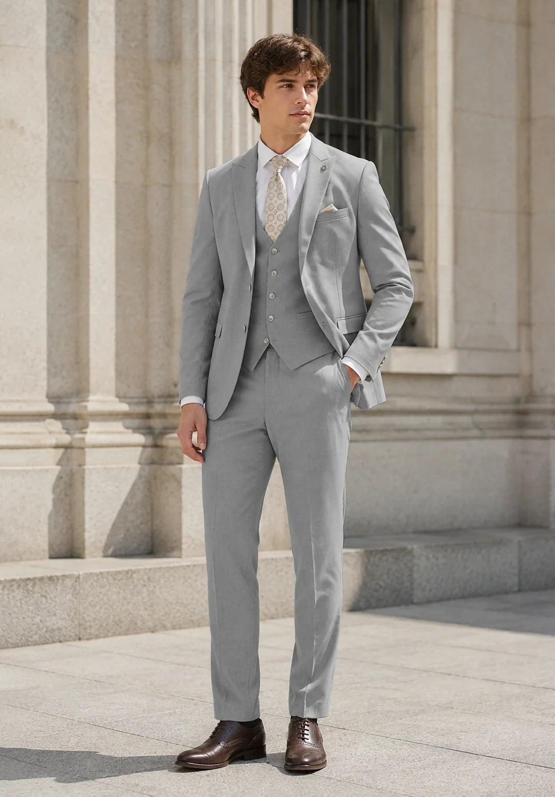 Costume Trois Pièces Homme Coupe Slim avec Col Notch et Gilet Six Boutons