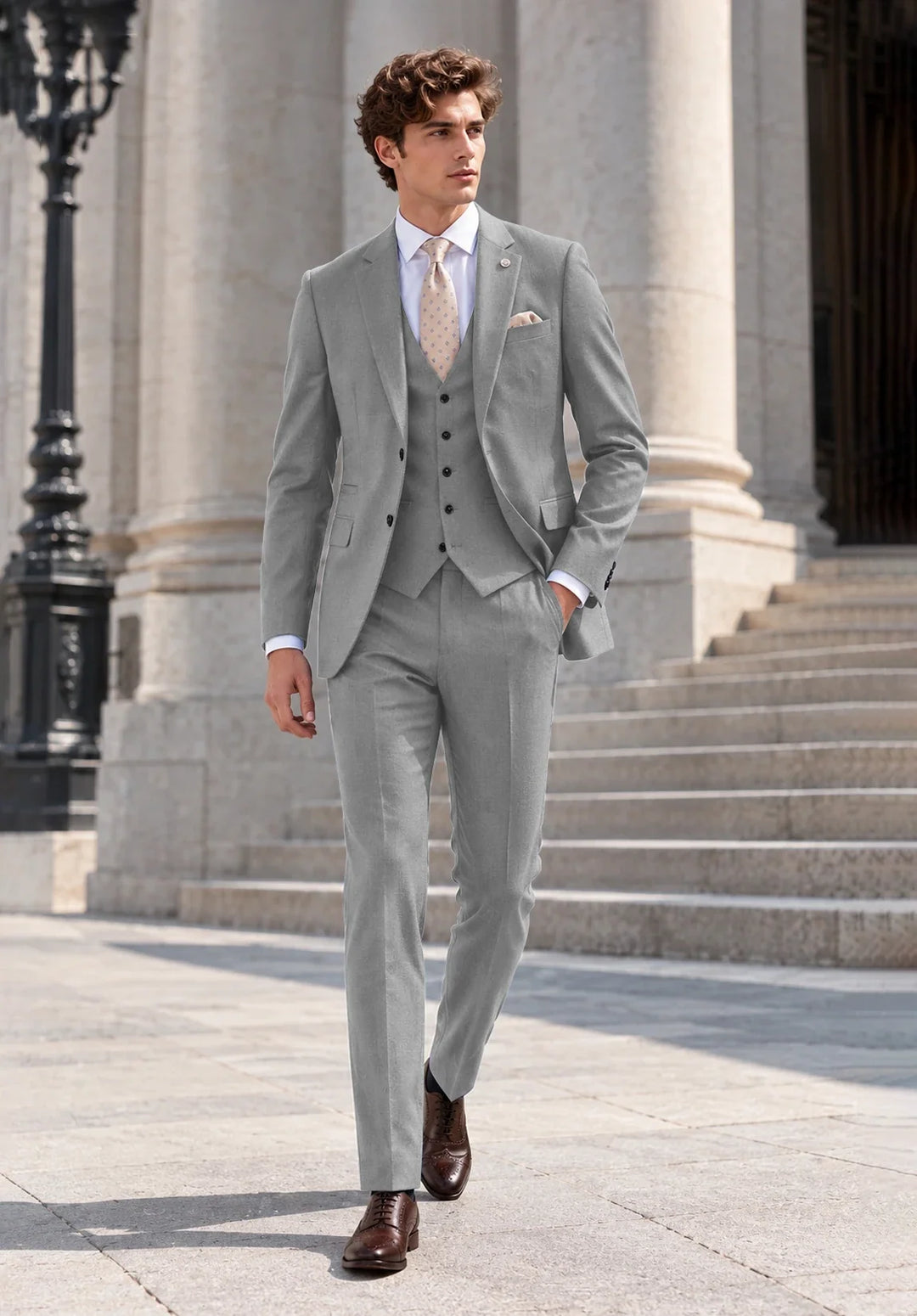 Costume Trois Pièces Homme Coupe Moderne avec Col Notch et Gilet Cinq Boutons