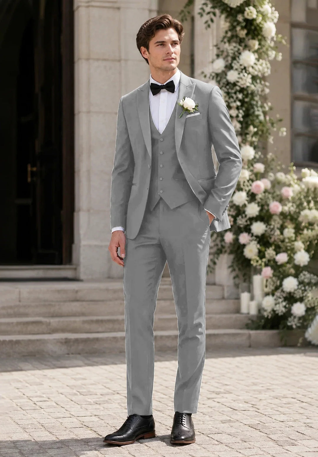 Costume Trois Pièces Homme Coupe Slim avec Col Notch et Gilet Assorti Élégant