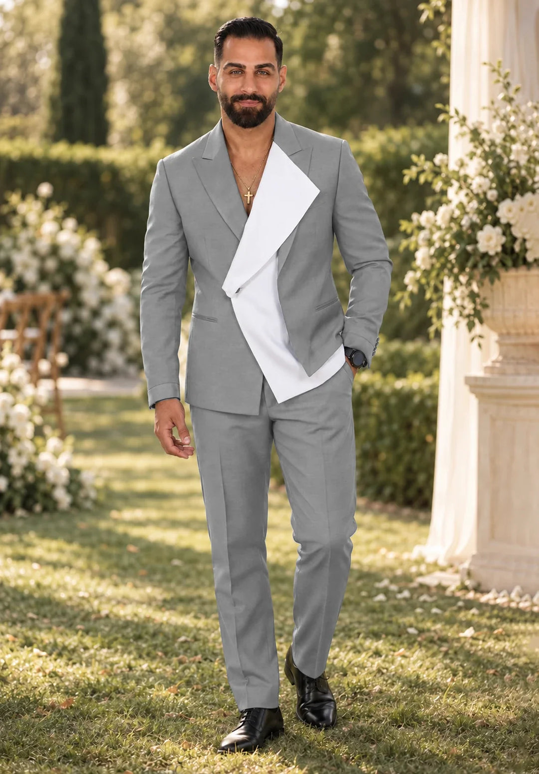 Costume Deux Pièces Homme Coupe Regular avec Panneau Blanc Asymétrique et Col Châle