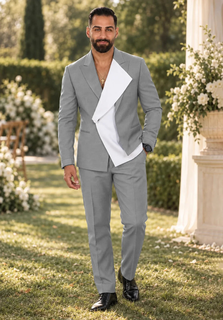 Costume Deux Pièces Homme Coupe Regular avec Panneau Blanc Asymétrique et Col Châle