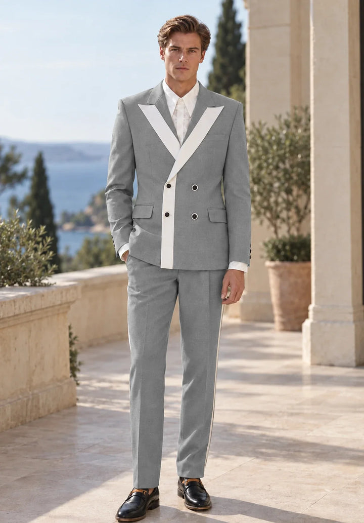 Costume Deux Pièces Homme Coupe Slim avec Panneau Contrastant en V et Deux Boutons