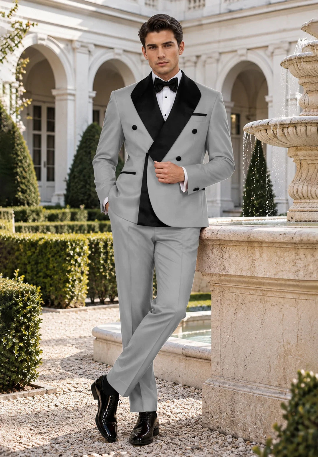 Men's Slim-Fit Double-Breasted Two-Piece Tuxedo Suit with Contrasting Lapel