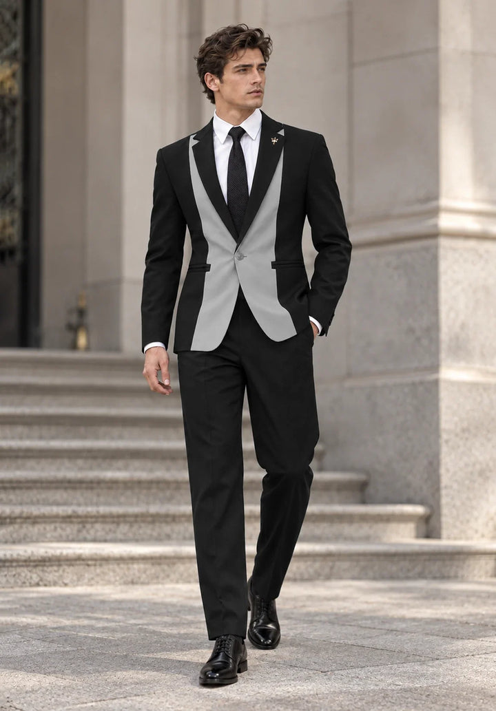 Costume Deux Pièces Homme Coupe Slim avec Design à Panneaux Contrastants et Col Peak