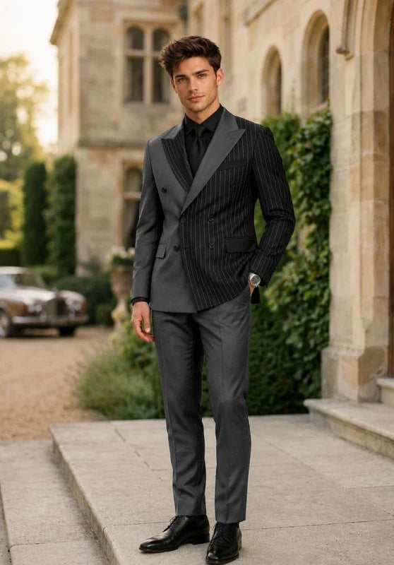 Men’s Two-Piece Striped Suit with Double-Breasted Jacket and Wide Peak Lapels