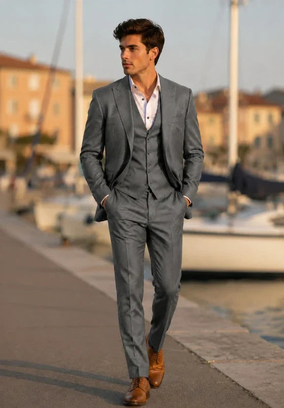 Costume Trois Pièces Homme Coupe Slim avec Col Notch et Gilet Cinq Boutons