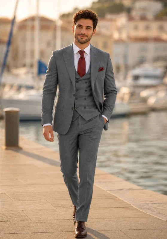 Costume Trois Pièces Homme Coupe Classique avec Col Notch et Gilet Six Boutons