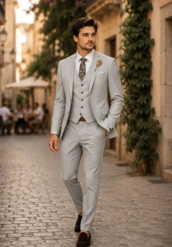 Costume Trois Pièces Homme Coupe Slim avec Col Notch et Gilet Col V